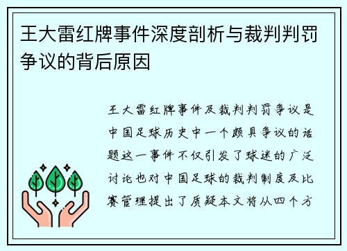 王大雷红牌事件深度剖析与裁判判罚争议的背后原因 王大雷红牌事件深度剖析与裁判判罚争议的背后原因